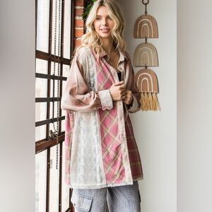 OLI & HALI Women’s MIX MEDIA PLAID LONG SLEEVE SHIRT (Blush)